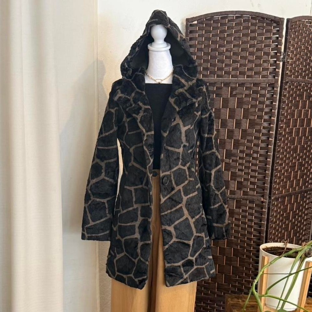 RRD Women’s Brown and Black Faux Fur Mid Length Hooded Coat Made in Italy
